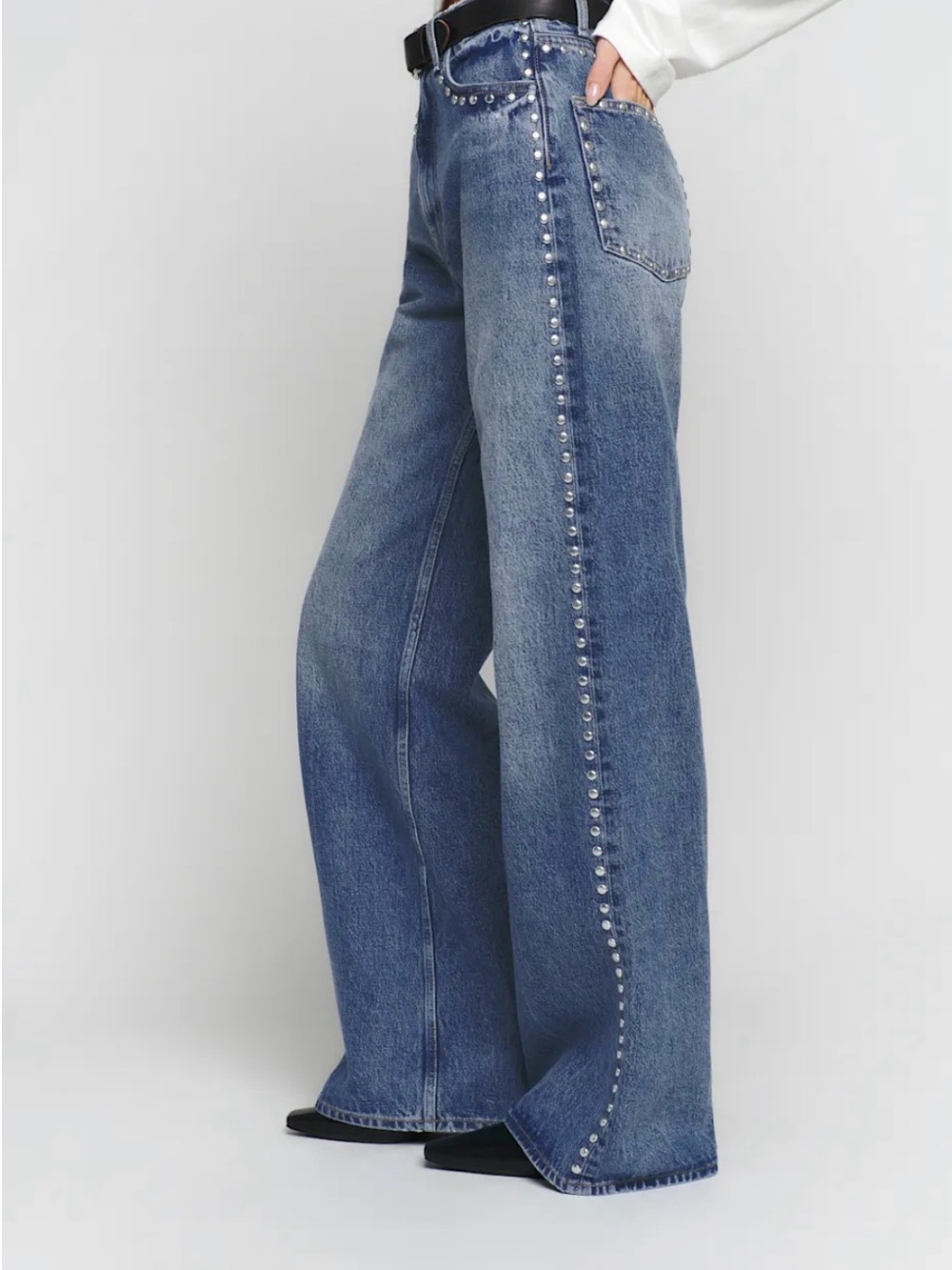 Reformation Cary High Rise Slouchy Wide Leg Jeans Core: chesapeake studded.
